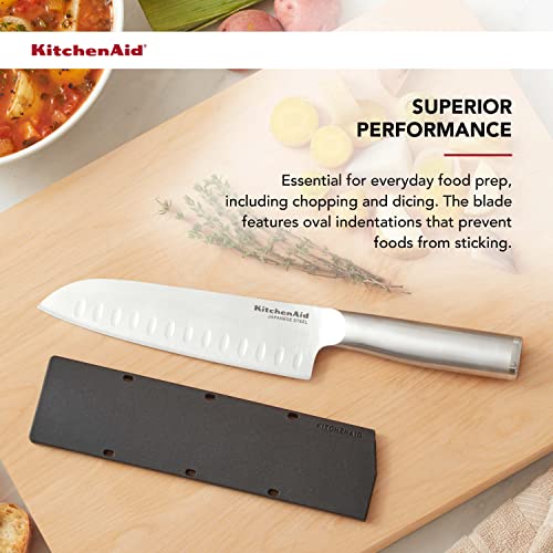 KitchenAid Gourmet Forged Stainless Steel Santoku Knife with Blade Cover, Sharp Kitchen Knife, High-Carbon Japanese Stainless Steel, 7 Inch, Brushed Stainless Steel - style: 7-Inch Santoku Knife