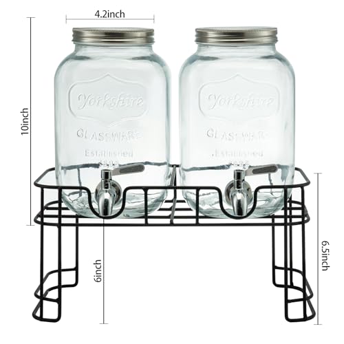 1 Gallon Glass Drink Dispensers for Parties, 2PACK Beverage Dispenser with Stand, Ice Cylinder and Stainless Steel Spigot 100% Leakproof, Beverage Dispenser for Lemonade Sun Tea - size: 1 Gallon Double with Stand