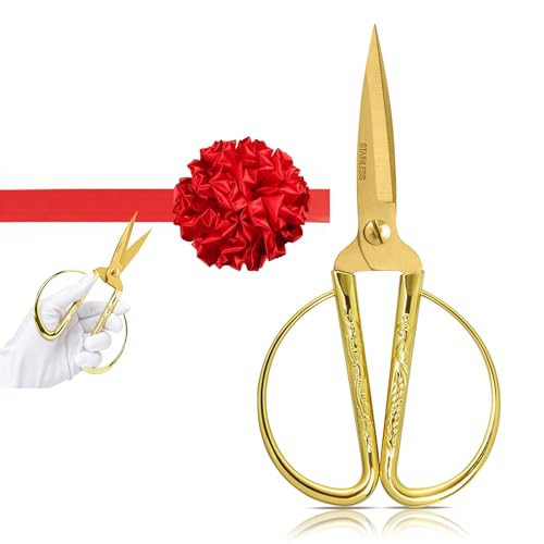 Grand Opening Ribbon-Cutting Ceremony Kit – Includes Gold Scissors, Flower Ball, Red Ribbon & White Gloves,Suitable for all ribbon-cutting and inauguration ceremonies (Embossed Handle) - style: Embossed Handle