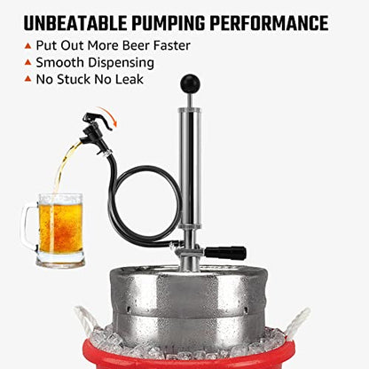 8” Keg Tap Beer Keg Party Pump, D System Beer Taps for Kegs, Kegerator Tap Stainless Steel Probe Coupler with Beer Line Faucet Hose Clamps for Homebrew