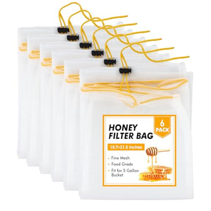 6 Pcs Honey Filter Bag,Ultra-Fine Food Grade Mesh Nylon Strainer with Adjustable Drawstring,5 Gallon Bucket Honey Extraction,Honey Strainer Reusable and Washable