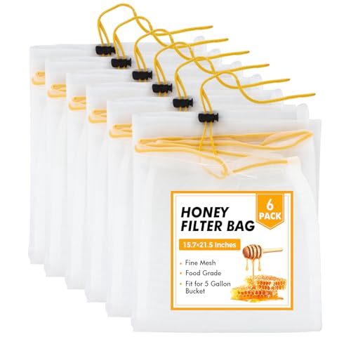 6 Pcs Honey Filter Bag,Ultra-Fine Food Grade Mesh Nylon Strainer with Adjustable Drawstring,5 Gallon Bucket Honey Extraction,Honey Strainer Reusable and Washable