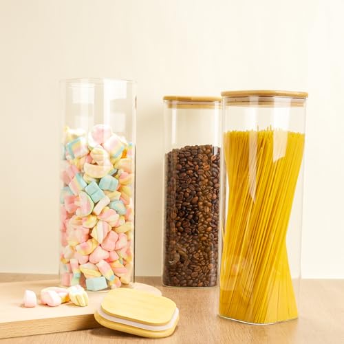 Glass Spaghetti Pasta Storage Container - 3 Pack 2.5 QT Airtight Food Storage Jar Set with Bamboo Lid Labels -Tall Square Kitchen Pantry Canister Organizers for Noodle Cookies Flour Cereal Coffee Bean - size: 82oz*3