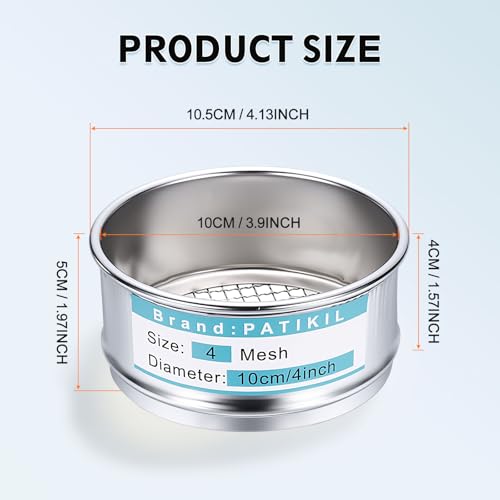 PATIKIL 4 Mesh(5mm) Lab Sieve, 3.9"(10cm) Diameter Sifting Screen 304 Stainless Steel Wire Cloth Fine Mesh Sieve for Industrial Laboratory Home Soil Sifter Dry Sift Screens Hash - size: 4 Mesh(5mm)/3.9"