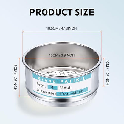 PATIKIL 4 Mesh(5mm) Lab Sieve, 3.9"(10cm) Diameter Sifting Screen 304 Stainless Steel Wire Cloth Fine Mesh Sieve for Industrial Laboratory Home Soil Sifter Dry Sift Screens Hash - size: 4 Mesh(5mm)/3.9"