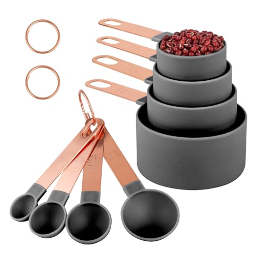 8-Piece Stackable Rose Gold Stainless Steel Handled Measuring Cups and Spoons for Measuring Dry and Liquid Ingredients (grey) - color: Gray
