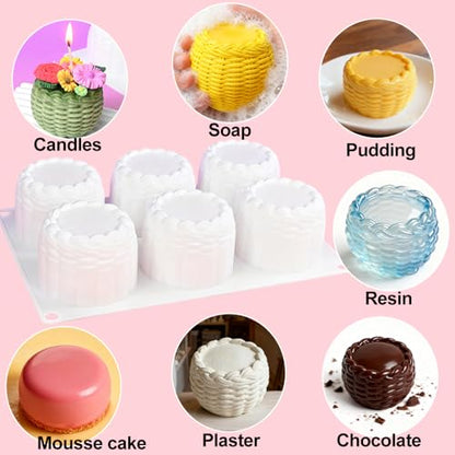 6-Hole 3D Flower Basket Mousse Cake Mold Food Grade Silicone Molds Cute Silicone Molds for Baking Cake Dessert Braided Basket Jello Cookie Chocolate Candy Food Mold Candle Plaster Mould for Crafts
