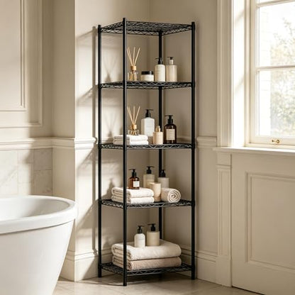 Wire Storage Standing Shelf Rack Tower, Corner Metal Shelving Unit with Adjustable Shelves, Space-Saving Organizer for Garage, Kitchen, Bathroom, 18 * 18 Inch - size: 5 Tier 18 Inch Width