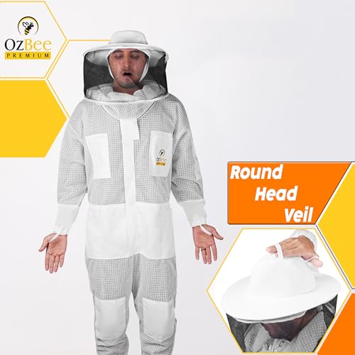 OZBEE 3 Layer Ventilated Beekeeping Suit with Fencing & Round Veil, Goatskin Leather Gloves, Protective Bee Suit - size: Small