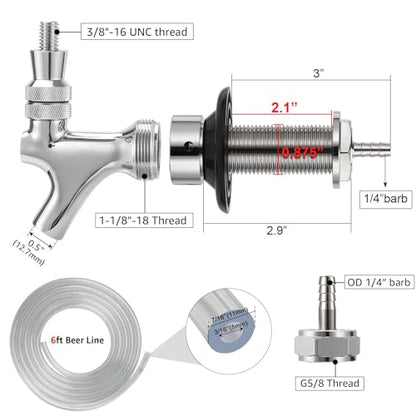 Draft Beer Line Shank Faucet Kit 3” Beer Faucet Shank Self-Closing Beer Tap Faucet Kegerator Parts Wrench 6ft 3/16” Beer Line Tubing Barb Connector Tap Brush Kegerator Conversion kit