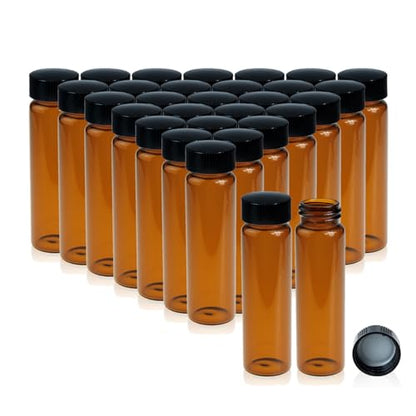 PEKYBIO 20PCS 30ML Amber Small Liquid Sample Glass Vials with Screw Caps, 27.5mmx 84mm Leak-Proof Vial, 24-400 Black Screw Cap with PE Liners for Lab, Essential Oil, Perfume, Reagents - size: 27.5*84mm 30ml Vial