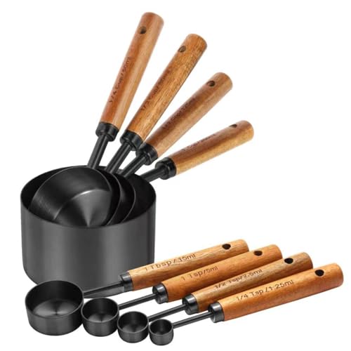 Black Measuring Cups and Spoons Set,8 Piece Stainless Steel Measuring Cup with Wood Handles for Cooking and Baking in the Kitchen - color: Black