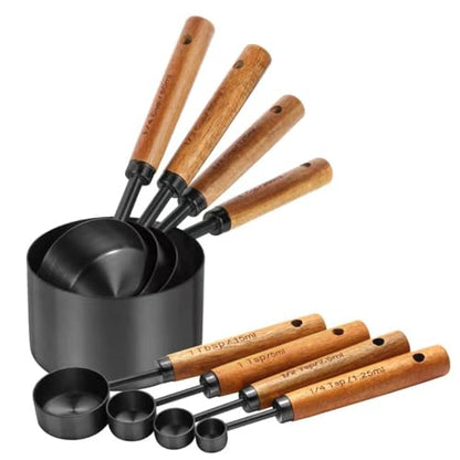 Black Measuring Cups and Spoons Set,8 Piece Stainless Steel Measuring Cup with Wood Handles for Cooking and Baking in the Kitchen - color: Black