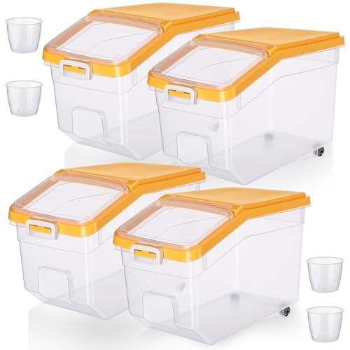 Sunnyray 4 Pcs Rice Storage Container 28 lb Airtight Flour Container with Wheels Measuring Cup Clear Pet Dog Birds Cat Food Bin Grain Cereal Organizer Box for Dry Baking Supplies(Yellow Lid) - color: Yellow Lid, size: 28 lb