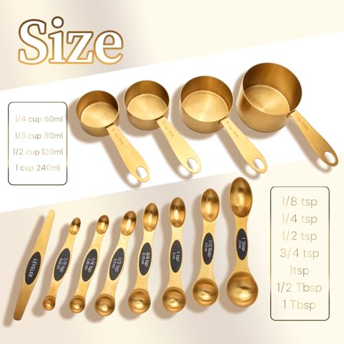12-Piece Gold Magnetic Measuring Cups and Spoons Set，4 Premium Stainless Steel Gold Measuring Cups，8 Magnetic Measuring Spoons Set with Leveler，Measuring for Dry & Liquid Cooking Baking for Kitchen