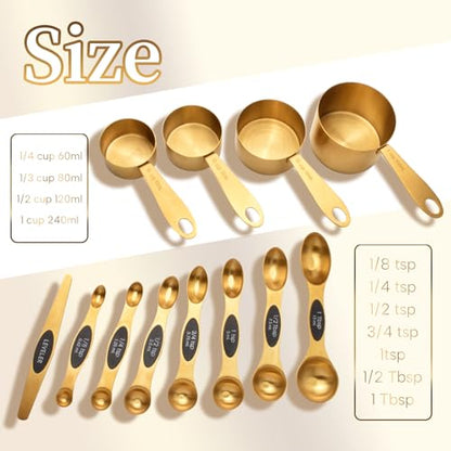 12-Piece Gold Magnetic Measuring Cups and Spoons Set，4 Premium Stainless Steel Gold Measuring Cups，8 Magnetic Measuring Spoons Set with Leveler，Measuring for Dry & Liquid Cooking Baking for Kitchen