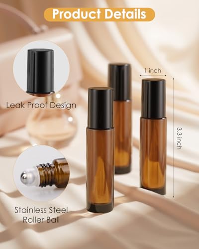 Worldgsb 12 Pack Essential Oil Roller Bottles, 10ml Refillable Amber Glass Roller Bottles with Stainless Steel Roller Balls and Caps for Travel, Perfume and Lip Gloss - color: Amber, style: 12 Pack