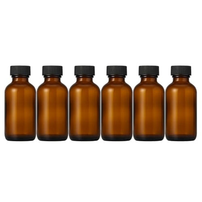 6Packs 60ml Amber Glass Boston Round Bottles with Black Caps Refillable Empty Containers 2Oz Liquid Storage Glass Bottles for Essential Oils, Serums, Perfumes, DIY Skincare, Aromatherapy