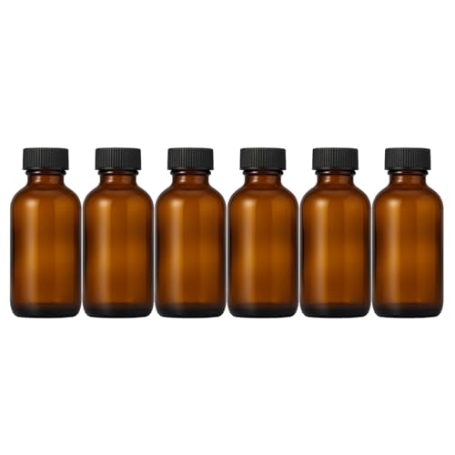 6Packs 60ml Amber Glass Boston Round Bottles with Black Caps Refillable Empty Containers 2Oz Liquid Storage Glass Bottles for Essential Oils, Serums, Perfumes, DIY Skincare, Aromatherapy