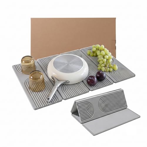 Large Stone Dish Drying Mat for Kitchen Counter,Collapsable Stone Dish Drying Mat with Diatomaceous Earth for Quick Drying-Ultra Absorbent-Eco-Friendly,Foldable -23.6"×15.7" Light Gray Curved Grooves - color: HXDK-Light Gray
