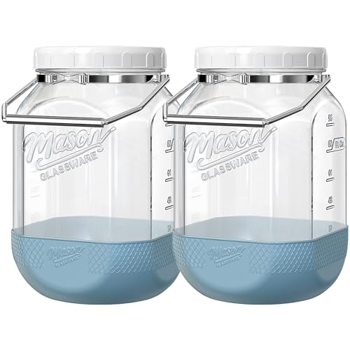 2 Pack Square Glass Containers with Airtight Lids, Wide Mouth Mason Jars, 1 Gallon Glass Jar With Handle & Non-slip Base & Scale Mark, 128 Oz Pantry Storage Canisters for Flour, Rice, Pickle