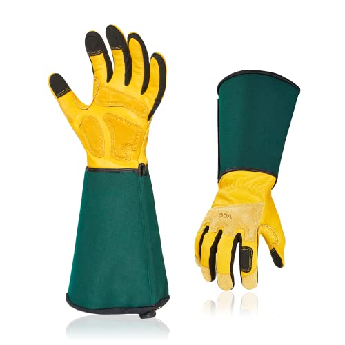 Vgo... Men's Extra-Long Leather Gardening Gloves, Gauntlet with Adjustable Cuff, Puncture & Thorn Proof, Touchscreen (CA7472) - color: 1 Pair - Yellow Green, size: Unisex X-Small