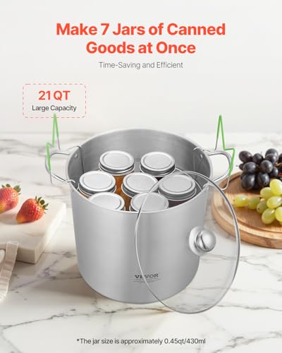 VEVOR 21 QT Canning Pot with Rack and Lid, Stainless Steel Waterbath Canner with Dual Handle and Glass Lid, Compatible with All Cooktops: Induction, Gas, Electric, Glass, Ceramic, Halogen - size: 21QT+2PCS
