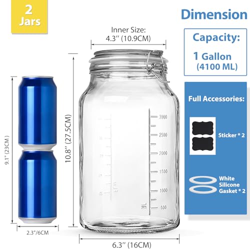 1 Gallon Round Glass Storage Jars, Airtight Glass Pickle Jars, Mason Jars | 4.3" Wide Mouth, Airtight Flip Lid, 2 Pack Food Grade Canisters, Gallon Glass Jars with ML/OZ Scale Line, Dishwasher Safe