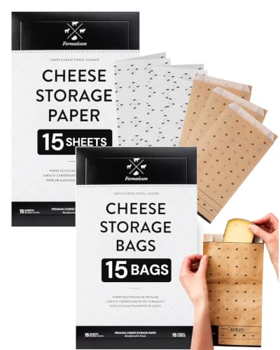 Formaticum Cheese Storage 15 Bags, Wax Paper | Wax Paper Included, Adhesive Labels Included, Porous Brown Wrapping Sheets - size: 15-Pack-Bags & 15-Pack-Sheets