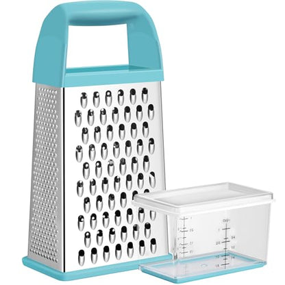 Urbanstrive Cheese Grater With Container, Professional Cheese Grater with Handle, Stainless Steel Graters for Kitchen Handheld, Box Grater with 4 Sides for Vegetables, Ginger, Potatoes (Blue) - color: Blue