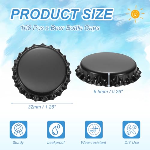uxcell 108 Pcs Oxygen Absorbing Beer Bottle Caps, 32mm Pry Off Bulk Crown Caps Bottle Toppers for Soda Beer Wine Glass Bottles Home Brewing DIY Pendants or Craft Scrapbooks, Black - color: Black