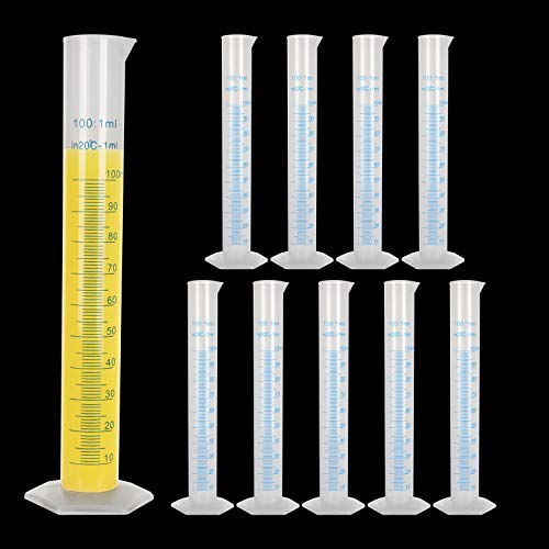 Plastic Graduated Cylinder, Transparent Measuring Cylinder Durable Lab Test Tube Flask, 2-Sided Measuring Lines Graduated Cylinder Beaker for Science Projects, Pour Spout (10, 100ml) - size: 100ml