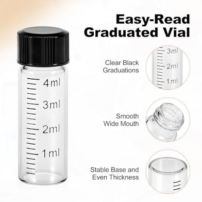 FOUR E'S SCIENTIFIC 4ml Glass Graduated Vials 100 Pack, 1 Dram Clear Lab Sample Vials with Plastic Screw Caps Borosilicate Glass Sample Bottles for Liquid Powder Storage - color: Transparent