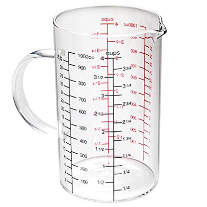 77L Glass Measuring Cup with Handle, [Double-Sided Measuring Scale, V-Shaped Spout, Insulated handle], High Borosilicate Glass Measuring Cup with Three Scales (OZ, Cup, ML) for Liquid (4 Cup) - size: 4 Cup (1000 ml)