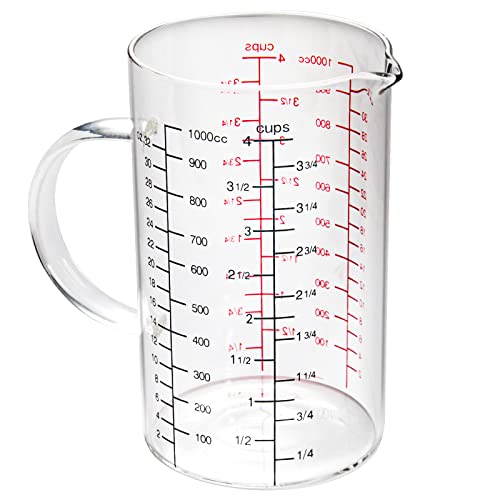 77L Glass Measuring Cup with Handle, [Double-Sided Measuring Scale, V-Shaped Spout, Insulated handle], High Borosilicate Glass Measuring Cup with Three Scales (OZ, Cup, ML) for Liquid (4 Cup) - size: 4 Cup (1000 ml)