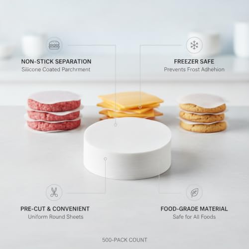 Food Separation Paper Sheets, Silicone Coated Parchment for Freezer Storage, Non-Stick Liner for Burgers Cheese and Baked Goods, Pre-Cut White Sheets, 500 Count (500-Pack) - size: 7.87 x 3.15 x 2.36 in