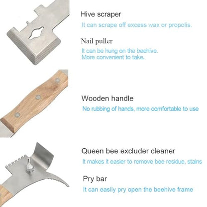 AukBeeFun Multipurpose Steel Hive Tools with Wooden Handle and 7 Functions Beekeeping Hive Scraper Tool Professional Beekeeping Equipment