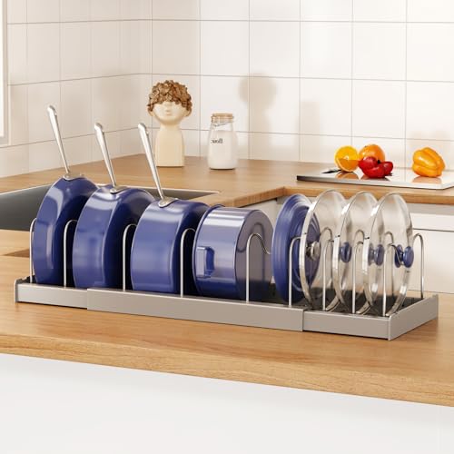 Magheo Expandable Food Storage Container Lid Organizers, 22" Pots and Pans Organizer Under Cabinet with 9 Adjustable Dividers Pot and Pan Lid Holders Rack Inside Cabinet(Gray,1 Pack) - color: Gray, size: (1 Pack)22.4"D x 7.9"W x 6.3"H