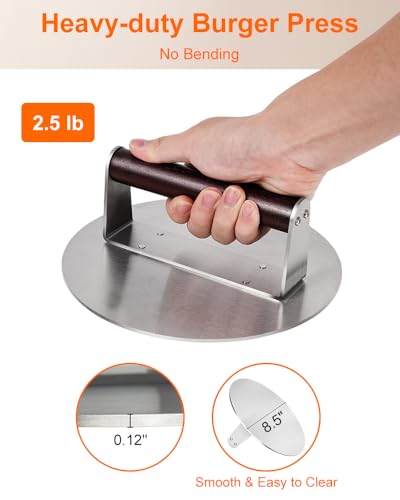 Brigii 8.5" Stainless Steel Smash Burger Press, Heavy Duty Burger Smasher for Crispy Smash Burgers, Round Grill Press for Griddle and Grill, Dishwasher Safe - size: 8.5"