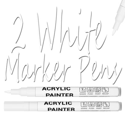 Acrylic Paint Pens Waterproof Markers 2 White Permanent Marker Pens Acrylic Pens for Rock Painting Glass Stone Ceramic Metal Fabric Pebble Painting pens Craft Supplies - color: White
