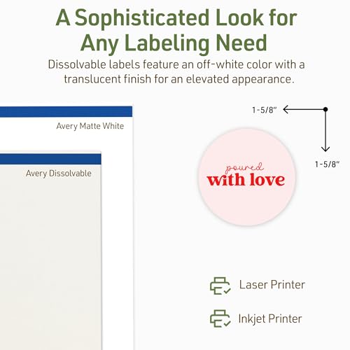 Avery Dissolvable Round Labels, Sure Feed Technology, 1-5/8" Diameter, Matte White, Print-to-The-Edge, Laser/Inkjet Printable, 500 Labels Total - style: 500 labels
