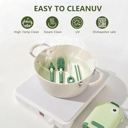 Travel Baby Bottle Brush Kit with Case, 6-in-1 Portable Bottle Cleaning Set for Baby Bottles, Nipples, Straws and Breast Pump Parts, Includes Drying Rack and Soap Dispenser, Green