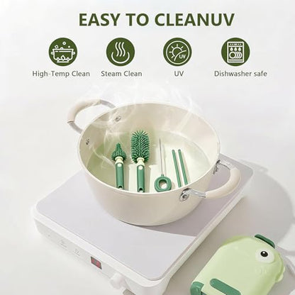 Travel Baby Bottle Brush Kit with Case, 6-in-1 Portable Bottle Cleaning Set for Baby Bottles, Nipples, Straws and Breast Pump Parts, Includes Drying Rack and Soap Dispenser, Green
