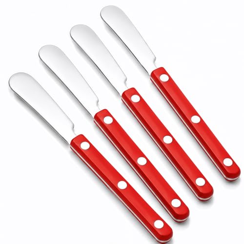 4PCS Stainless Steel Butter Knives Set: 6.3 Inch Cheese Spreader 304 Stainless Steel with Ergonomic Handle for Cheese, Butter & Jam (red) - color: red