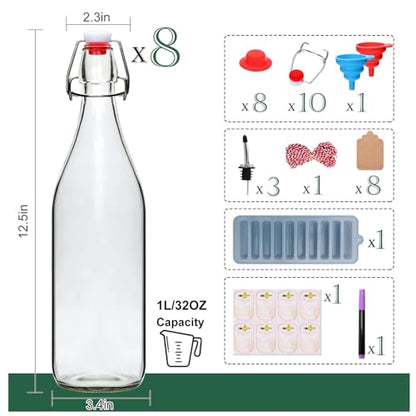 8 Set,Flip Top Glass Bottle,32oz Glass Bottle with Airtight Lid, Kombucha Bottles with Sealed Rubber Lid for Oil, Beer, Soda Water, Vinegar, Lemonade, Juice, Honey, DIY Storage Containers - size: 32oz-8pcs