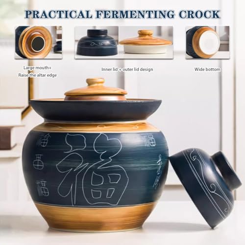 Traditional Chinese Fu Pattern Kimchi Jar, Double-lid Fermentation Crock, Thickened Ceramic Pickling Vessel, for Kombucha(10kg/352.7oz) - size: 10kg/352.7oz