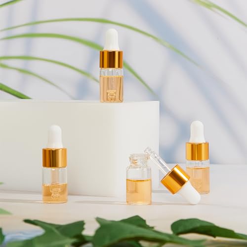 Didaey 200 Pcs 1/2/3/5/10/15 ml Mini Glass Oil Dropper Bottle Bulk, Clear Essential Small Empty Bottles Sample Containers Perfume Liquid Vials with Cap for Traveling (3 ml,Champagne Gold) - color: Champagne Gold, size: 3 ml