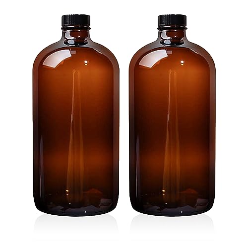 2 Pack 32 oz Amber Glass Boston Bottles,Glass Brewing Bottles for Lab | with Phenolic Poly Cone Caps,Perfect for Fermentation,Storing Kombucha,Brewing and Juicing.