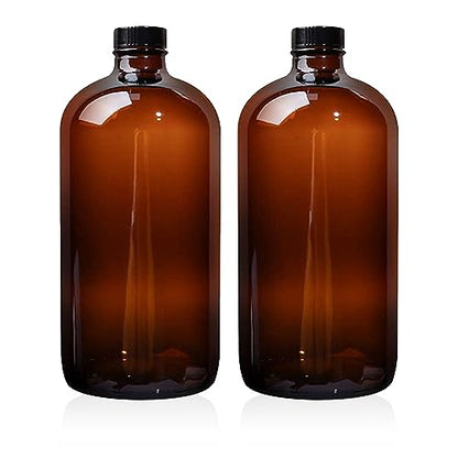 2 Pack 32 oz Amber Glass Boston Bottles,Glass Brewing Bottles for Lab | with Phenolic Poly Cone Caps,Perfect for Fermentation,Storing Kombucha,Brewing and Juicing.