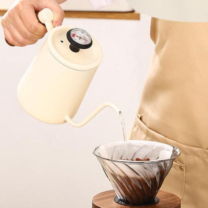 Aramox Pour Over Kettle, 600ML Stainless Steel Coffee Pot with Thermometer, Precision Control for Home Barista and Tea Lovers (White) - color: White